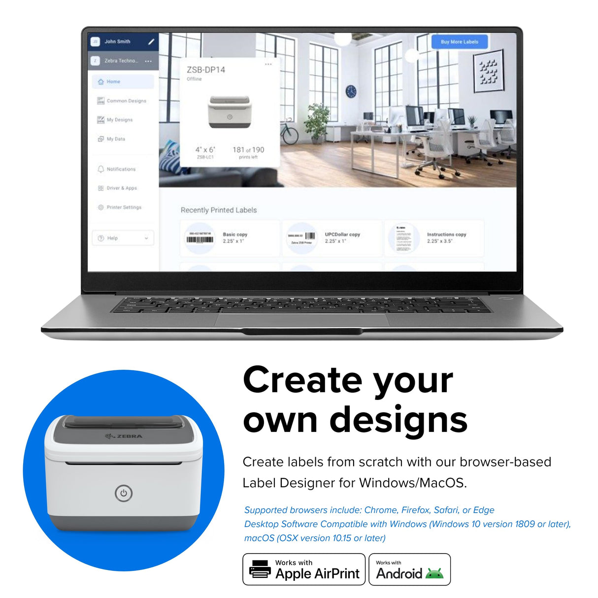 ZEBRA ZSB Series Thermal Label Printer 4" 300 dpi, Wi-Fi Printing, Supports UPS/USPS/FedEx, Barcodes, Custom & Shipping Labels, Print Anywhere, 4x6 Home & Office Shipping Label Printer ZEBRA