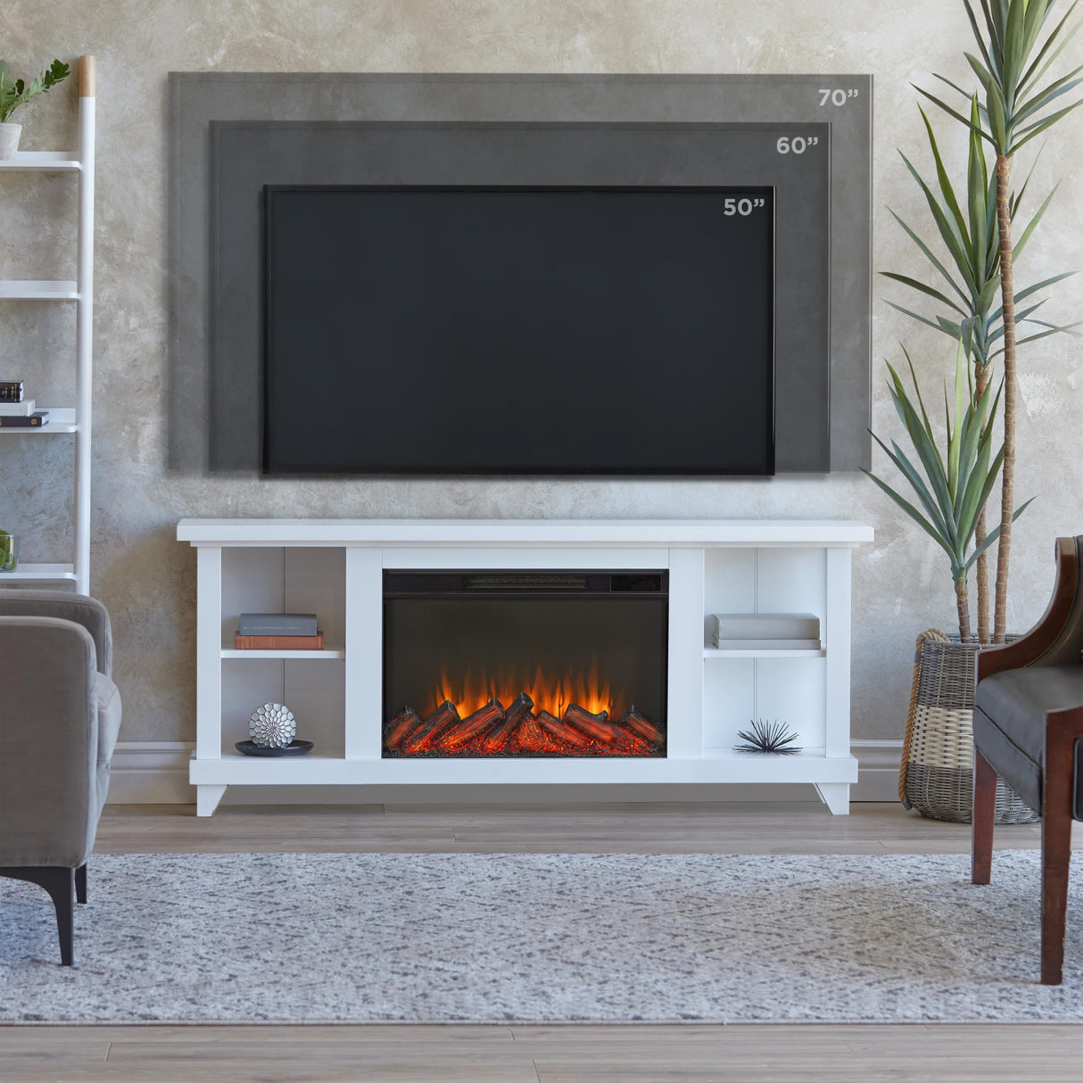 Real Flame Penrose 58" Slim Electric Fireplace TV Stand for TVs up to 55 inches, Entertainment Center with Adjustable Shelves and Storage, TV Stand for Living Room and Bedroom, Remote Control, White Real Flame