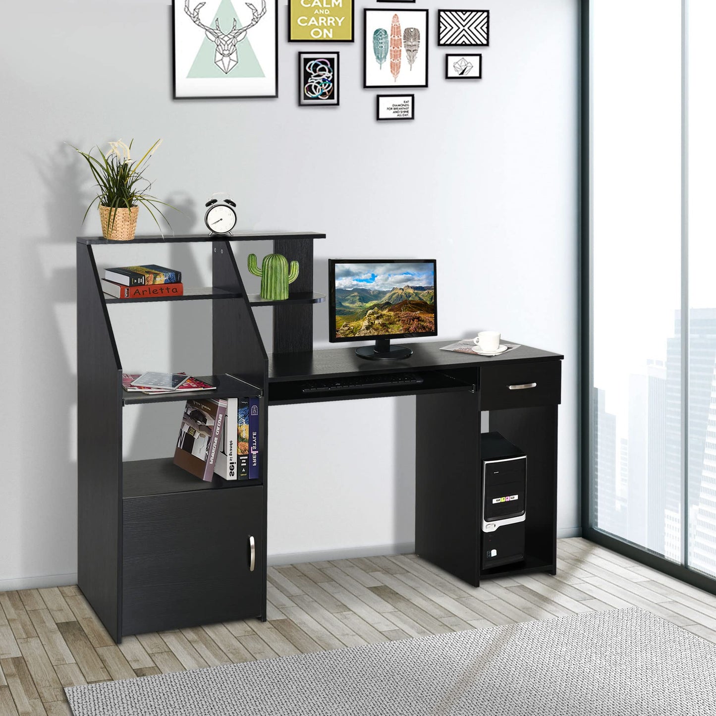 HOMCOM Computer Desk with Sliding Keyboard & Storage Shelves, Cabinet and Drawer, Home Office Gaming Table Workstation, Black Wood Grain