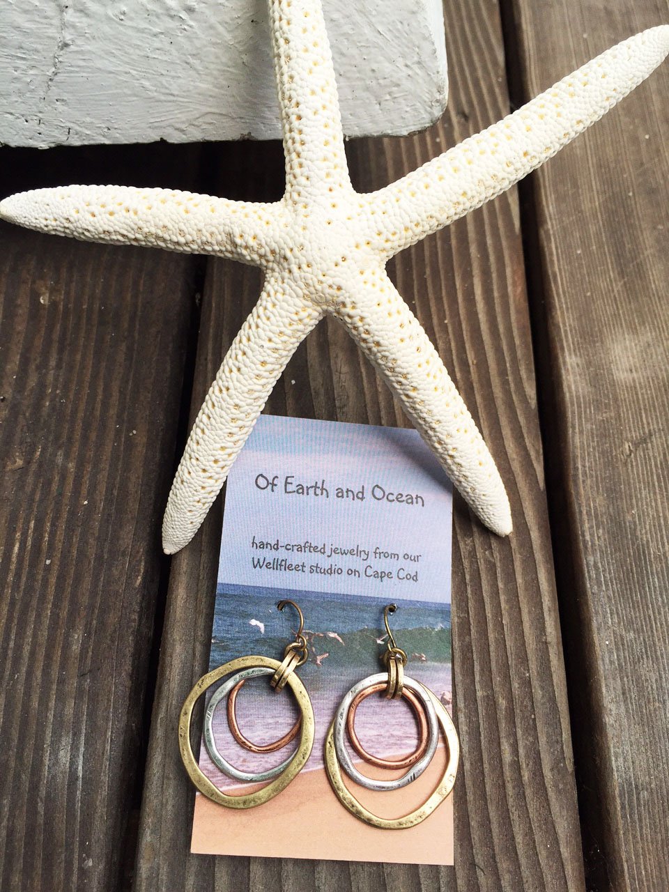 Handmade Sunrise Tricolor Dangle Earrings - Burnished Circles, Copper, Brass and Silverplated Of Earth and Ocean
