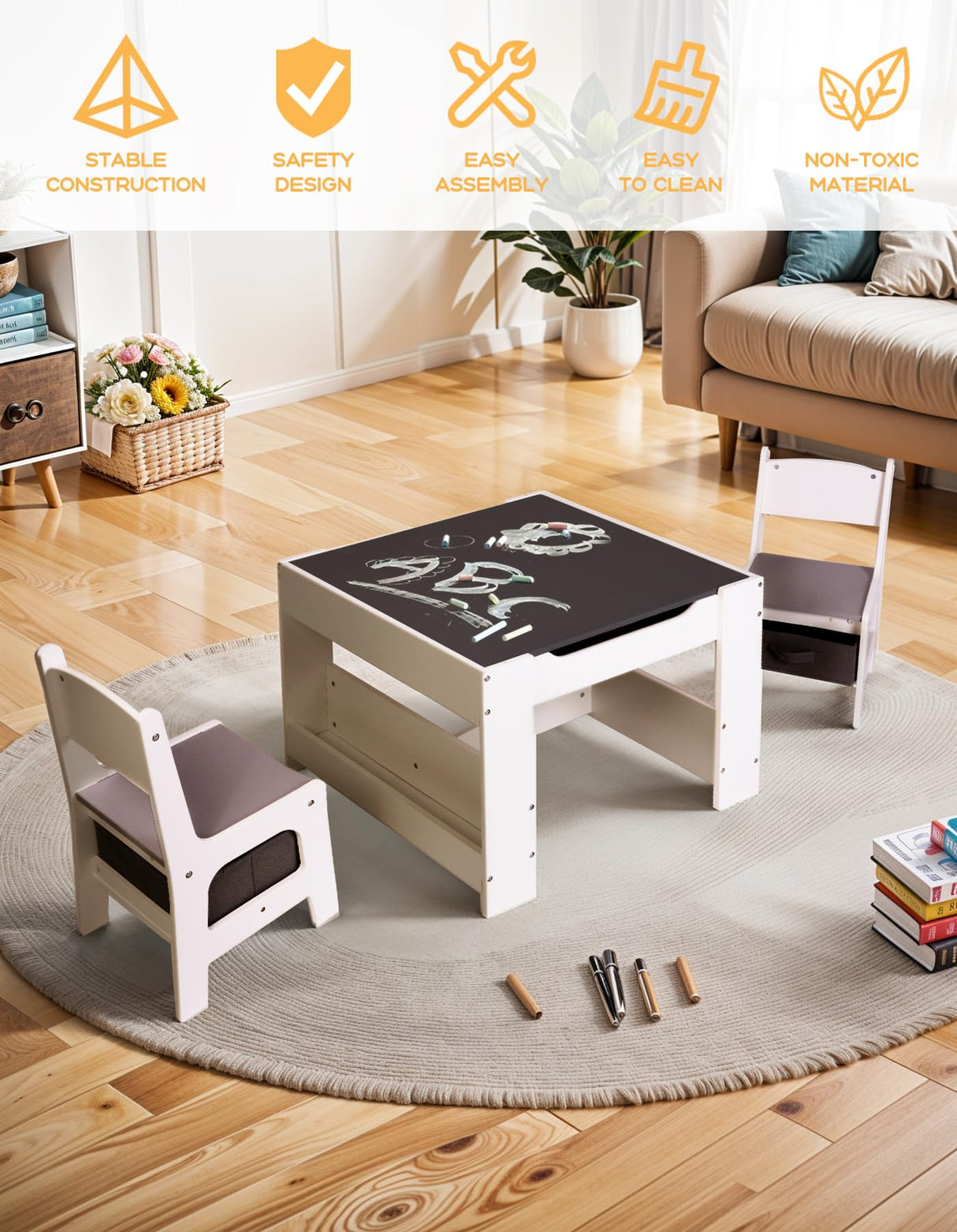 Joyooss Kids Table and Chair Set,4 in 1 Wooden Kids Table and Chairs Ages 3-7,Toddler Table with Storage Kid Desk and Chair Set for Toddlers 2 in 1 Tabletop Joyooss