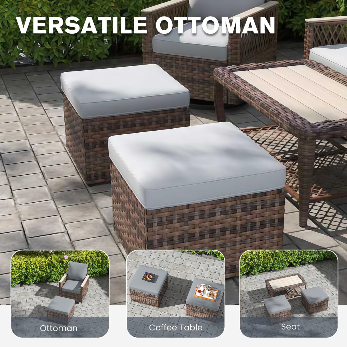 MELLCOM 8 Pieces Patio Furniture Set, Outdoor Wicker Chairs with Ottomans, 3-Seat Sofa & Dining Table, All-Weather Conversation Set with Water-Resistant Cushions & High Back for Garden, Backyard MELLCOM