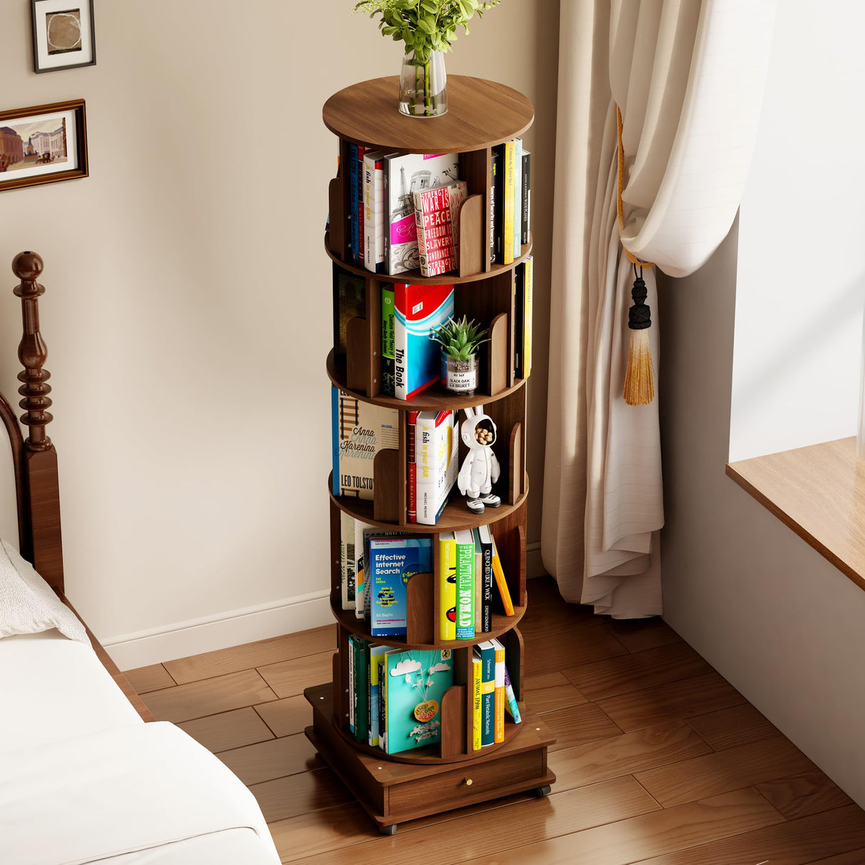RNE Walnut 6-Tier 360 Rotating Solid Wood Bookshelf Tower with Drawers and Wheels RNE
