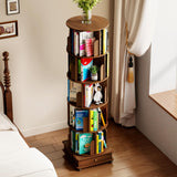 RNE Walnut 6-Tier 360 Rotating Solid Wood Bookshelf Tower with Drawers and Wheels RNE