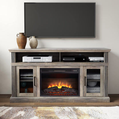 Cheerway 3D Fireplace TV Stand for TVs up to 65’’, Wooden Media Entertainment Center Table & TV Cabinets w/ 6 Storage Shelves & Barn Door, Electric Fireplace w/Remote Control & Adjustable Flame