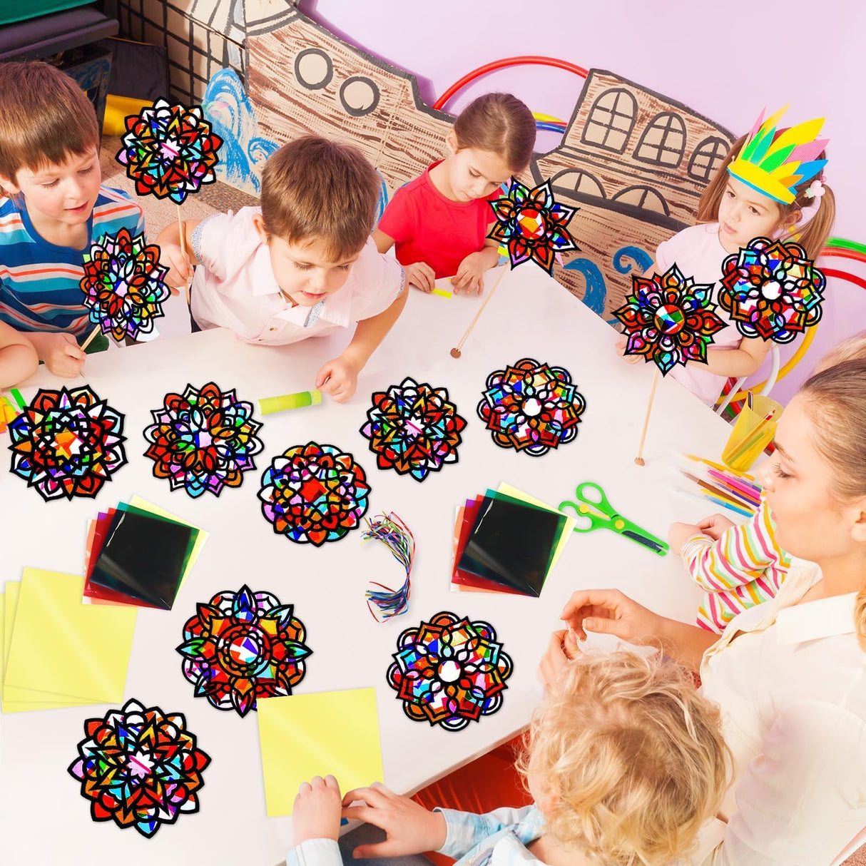 EggSun 36 Sets Mandala Suncatchers Craft Kit for Kids Adults Ornaments Stained Glass Window Arts and Crafts Paper Kit for VBS Classroom Holiday Birthday Projects Home Party Decorations Ages 4 8 12 EggSun