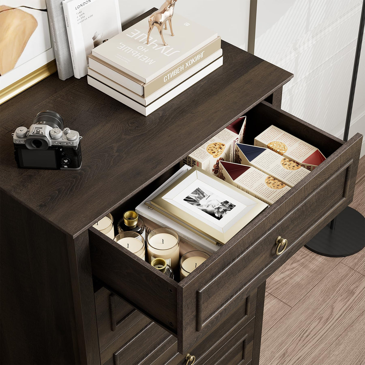 HOSTACK 6 Drawer Dresser, 52" Tall Chest of Drawers, Modern Farmhouse Storage Dressers Organizer for Living Room, Hallway, Entryway, Home Office, Dark Brown HOSTACK