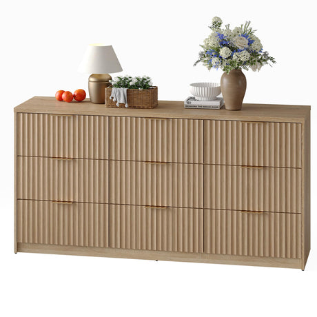 IDEALHOUSE 9 Drawer Dresser for Bedroom, Large Fluted Chest of Drawers, Wood Dressers Storage Organizer, Storage Cabinet for Bedroom Living Room Home Office IDEALHOUSE