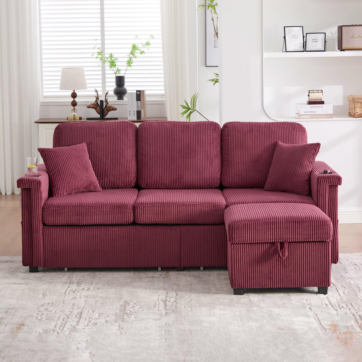 L-Shaped Sectional Sofa with Storage & Movable Ottoman, Corduroy 3 Seater Sectional Couch with USB Charging, Cup Holder & LED Light, Convertible Couches for Living Room (Wine Red, 76.38) Firscook
