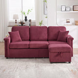 L-Shaped Sectional Sofa with Storage & Movable Ottoman, Corduroy 3 Seater Sectional Couch with USB Charging, Cup Holder & LED Light, Convertible Couches for Living Room (Wine Red, 76.38) Firscook