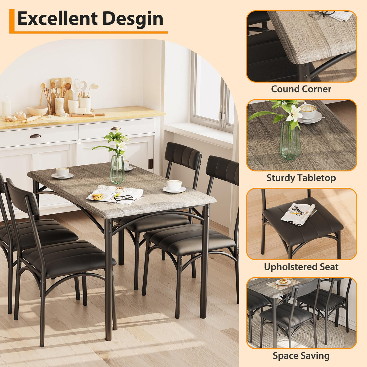 Litake Dining Room Table Set for 4, Kitchen Table Set with PU Upholstered Chairs, Square 5 Pieces Dining Table Set for Small Space, Apartment, Gray Litake