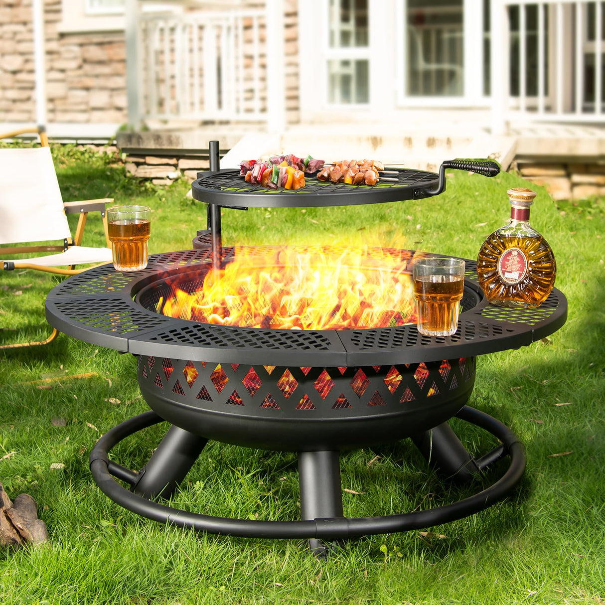 Panovue 36 Inch Fire Pit with Grill, Wood Burning Fire Pits for Outside with Lid& Fire Poker, Round Metal Firepit Table 3 in 1 with Cooking Grate,Outdoor Firepits for Yard Patio Bonfire Camping,Black Panovue