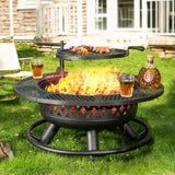Panovue 36 Inch Fire Pit with Grill, Wood Burning Fire Pits for Outside with Lid& Fire Poker, Round Metal Firepit Table 3 in 1 with Cooking Grate,Outdoor Firepits for Yard Patio Bonfire Camping,Black Panovue