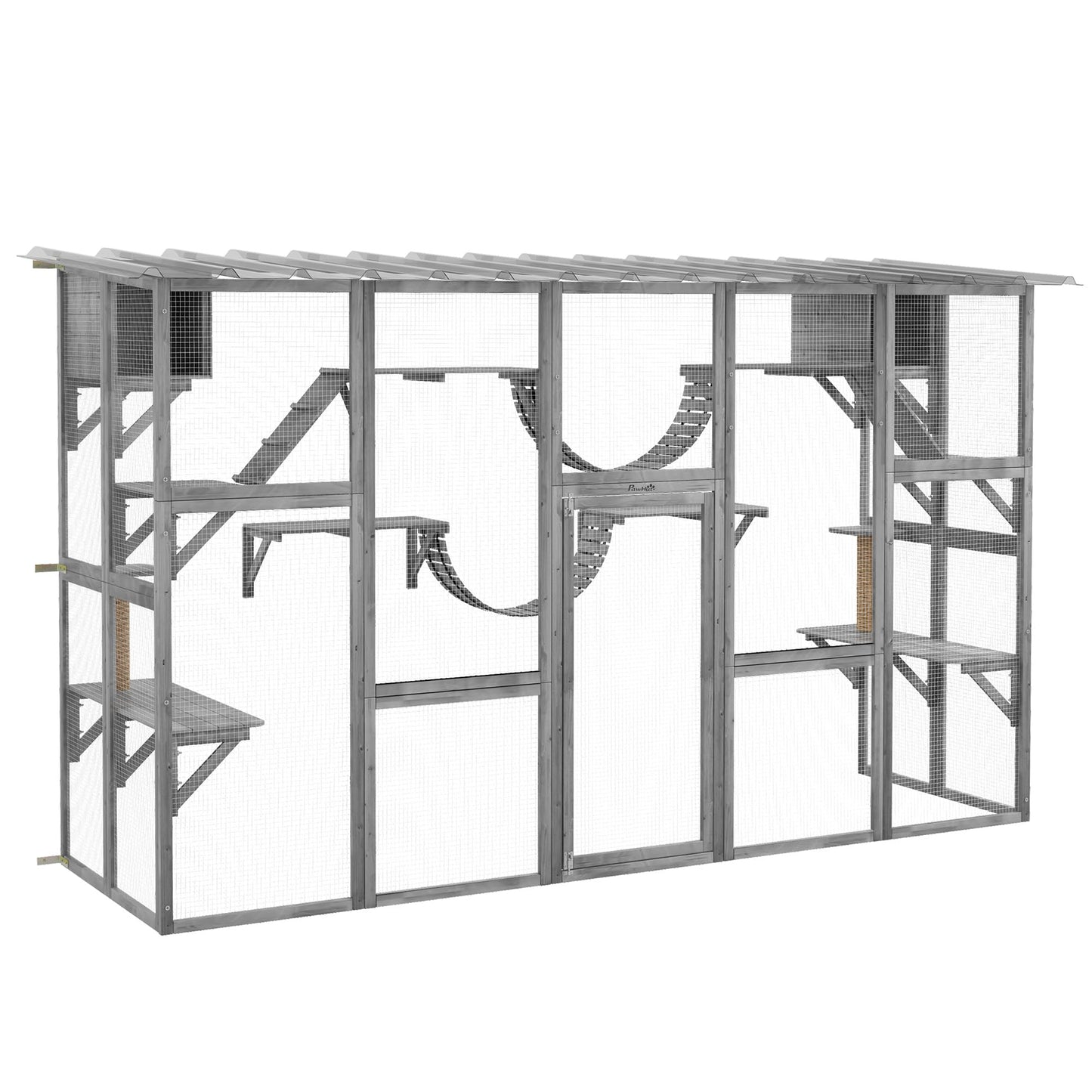 PawHut Catio Playground Cat Window Box Outside Enclosure, Outdoor Cat House with Weather Protection Roof for Multiple Kitties, Wooden Frame, Shelves & Bridges, 118" x 37.5" x 74", Gray - WoodArtSupply