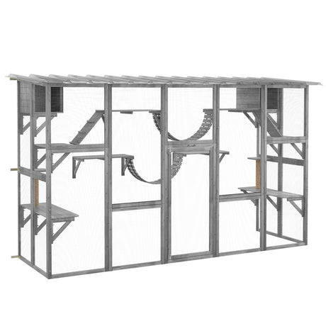 PawHut Catio Playground Cat Window Box Outside Enclosure, Outdoor Cat House with Weather Protection Roof for Multiple Kitties, Wooden Frame, Shelves & Bridges, 118" x 37.5" x 74", Gray PawHut