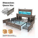 LUXOAK Queen Bed Frame with 49.6" Bookcase Headboard & 4 Drawers & 2 Detachable Bedside Stoage Racks, Farmhouse Wood Bed Frame with RGB LED & Charging Station, No Box Spring Needed, Grey LUXOAK