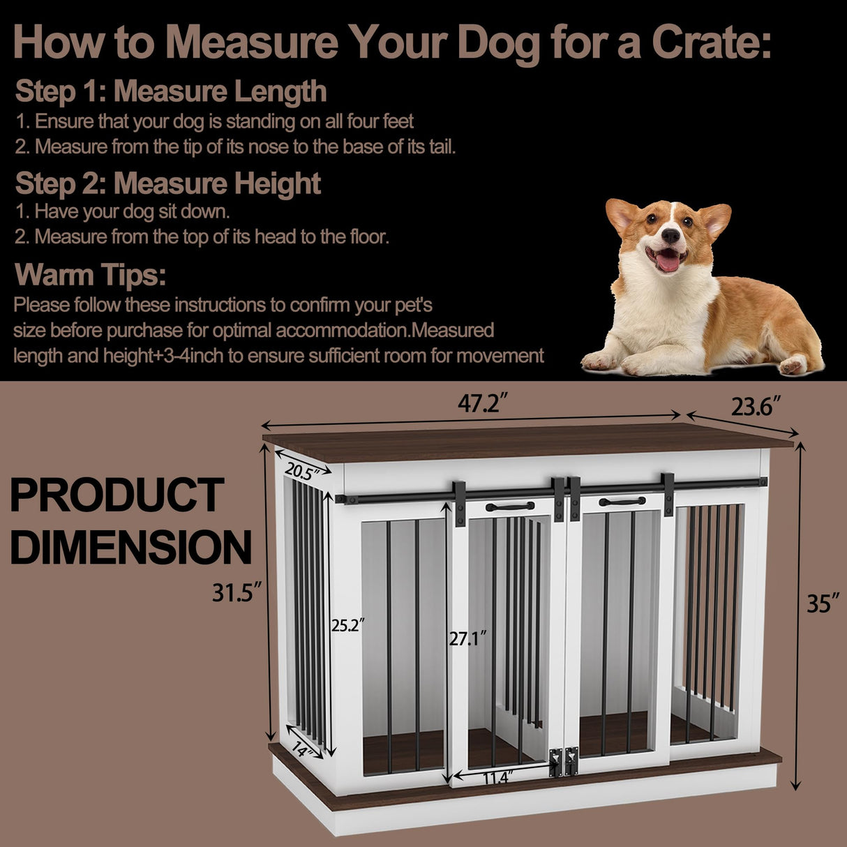BTDWI Dog Crate Indoor Furniture, 47.2'' Dog Kennel with 2 Sliding Doors, Heavy Duty Wooden Dog Cage for Large Medium Small Dogs, White BTDWI