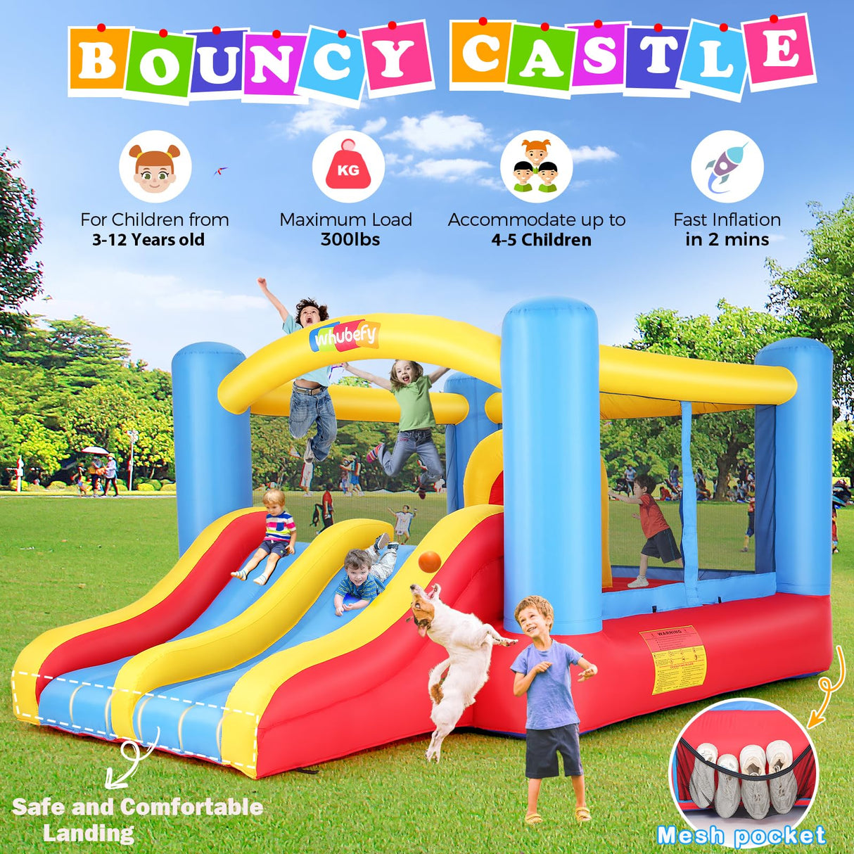 Whubefy Bounce House for Kids 3-10, 12.6FTx9FT Inflatable Bounce House with Blower for Big Kids 8-12 3-6 Double Slide Obstacle, Indoor Outdoor Blow up Bouncy Castle Jump House for Family Backyard Fun Whubefy