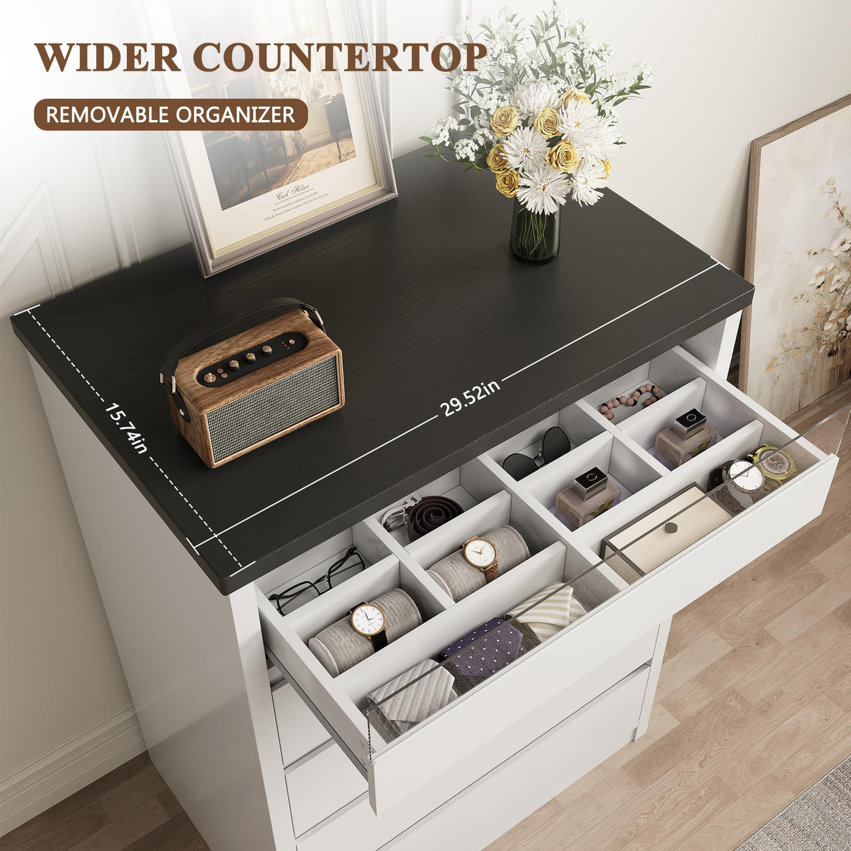 Jocoevol Larger White 5 Drawer Dresser for Bedroom with LED Light, Modern Chest of Drawers with Hidden Handles, Tall Wooden Dresser Closet for Living Room, Entryway, Hallway - White Jocoevol