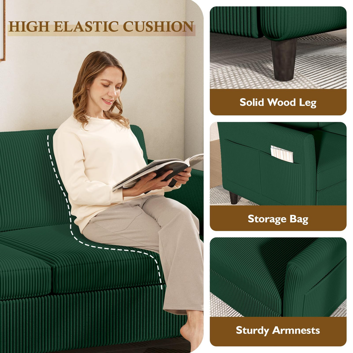 Valthie 60.6" Small Corduroy Loveseat Sofa, Mid-Century Modern 2-Seater Couch with Side Pockets for Small Spaces, Green– Perfect for Living Room, Bedroom, Office & Apartment Valthie