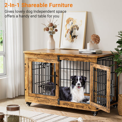 Lulive Dog Crate Furniture, Dog Kennel Indoor Double Doors Wooden Dog Cage, 38'' Heavy Duty Dog Crate with Cushion & Wheels, Decorative End Table Pet House Chew-Resistant for Large/Medium Dog - WoodArtSupply