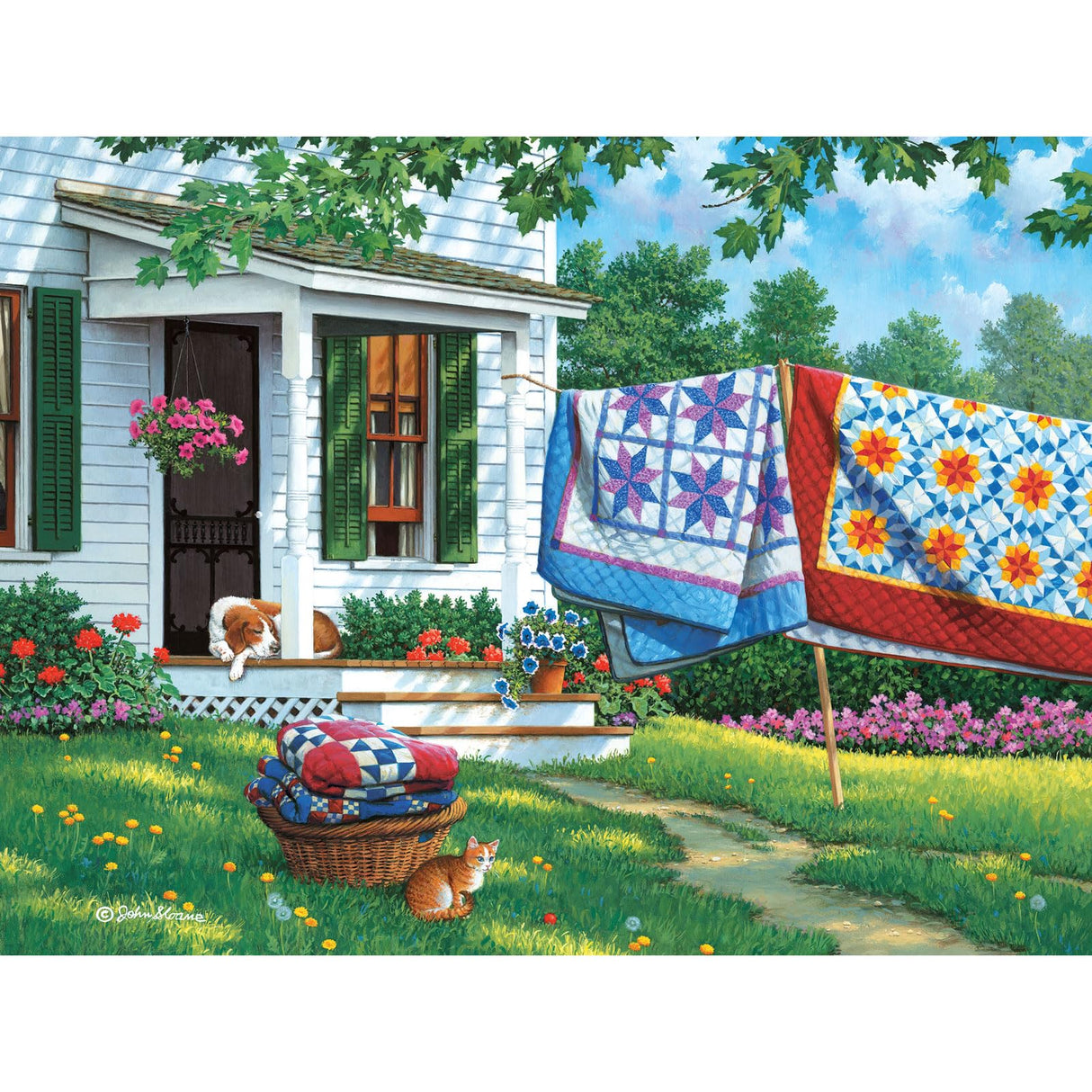 Bits and Pieces - 300 Piece Jigsaw Puzzle for Adults - 18" x 24" - Calico Country - 300 pc Large Piece Quilts Dog and Cat Jigsaw by John Sloane Bits and Pieces