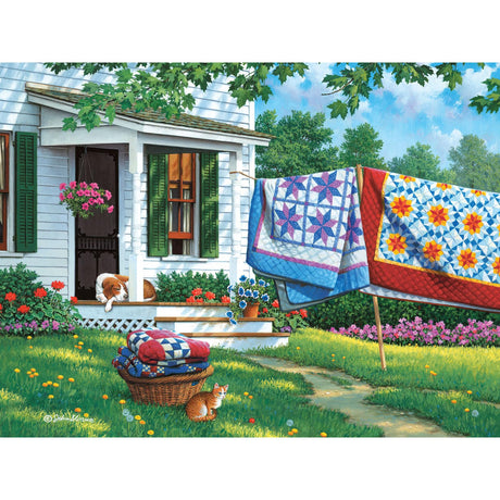 Bits and Pieces - 300 Piece Jigsaw Puzzle for Adults - 18" x 24" - Calico Country - 300 pc Large Piece Quilts Dog and Cat Jigsaw by John Sloane Bits and Pieces