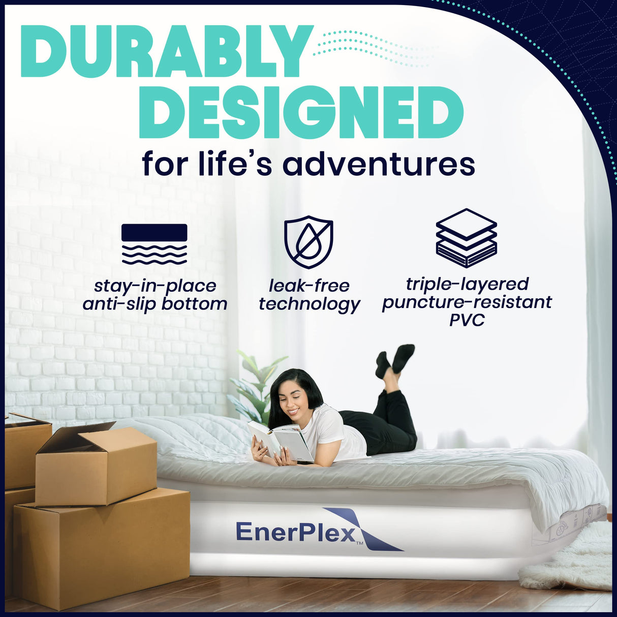 EnerPlex Queen Air Mattress with Built-in Pump - 16 Inch Double Height Inflatable Mattress for Camping, Home & Portable Travel - Durable Blow Up Bed with Dual Pump - Easy to Inflate/Quick Set Up﻿ EnerPlex