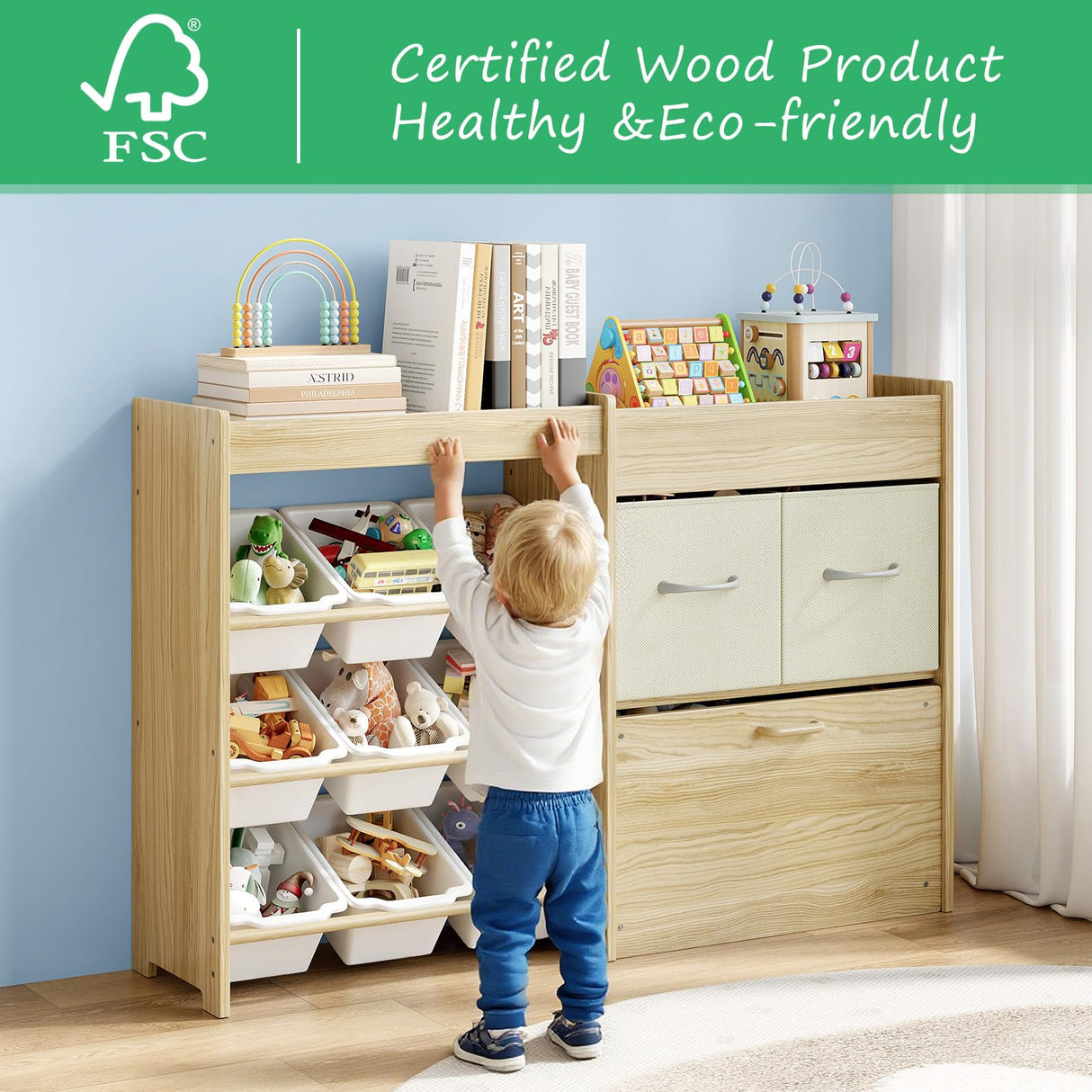 Toy Storage Organizer for Kids, 9-Bin Toy Organizer with 2-Drawers,Movable Toy Chest and Top Rack, Multifunctional Kids Bookshelf and Toy Storage for Living Room, Playroom, Bedroom, Nursery, White EXPERLAM