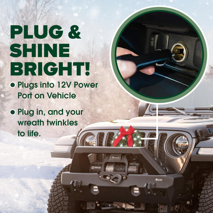 Christmas Car Decoration - Car Christmas Wreath - 2024 Light-Up Christmas Wreath for Car Grill - Fits Jeeps Trucks SUVs RVs Golf Carts and More - 12-Volt Plug-in Wreath Lighting