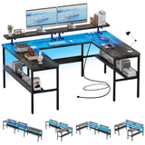 Hyomdeck Customizable U Shaped Desk & L Shaped Office Desks with RGB LED Light, Adjustable Monitor Stand and Power Outlets, Reversible Computer Desk with Storage, Large L Shape Gaming Table, Black Oak Hyomdeck