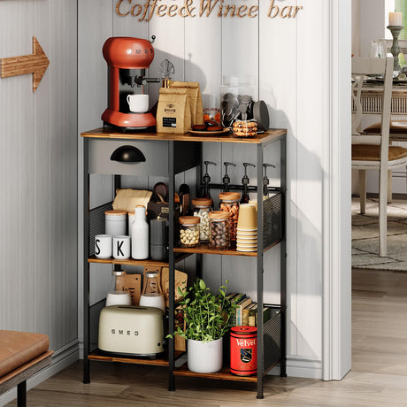 X-cosrack Farmhouse Small Coffee Bar Stand with Drawer 5-Layer Staggered Corner Coffee Station Rustic Wood Coffee Bar Babinet for Kitchen, Living Room, Coffee Oranization (Black & Brown) X-cosrack