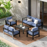 Wisteria Lane Aluminum Outdoor Patio Furniture Set, 7 Seats Modern Patio Conversation Sets, Outdoor Sectional Metal Sofa with 5 Inch Cushion and Coffee Table for Garden, Black Frame and Blue Cushion Wisteria Lane