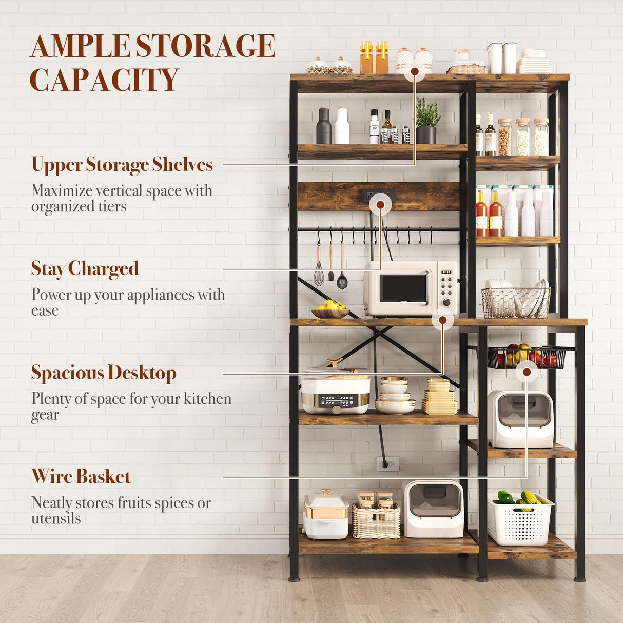 GRUSIGN Kitchen Bakers Rack with Storage, 6-Tier Coffee Bar Station with Power Outlet, Microwave Stand with 12 S-Shaped Hooks, Open Kitchen Storage Shelves for Spices, Pots and Pans, Rustic Brown GRUSIGN