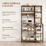 GRUSIGN Kitchen Bakers Rack with Storage, 6-Tier Coffee Bar Station with Power Outlet, Microwave Stand with 12 S-Shaped Hooks, Open Kitchen Storage Shelves for Spices, Pots and Pans, Rustic Brown GRUSIGN