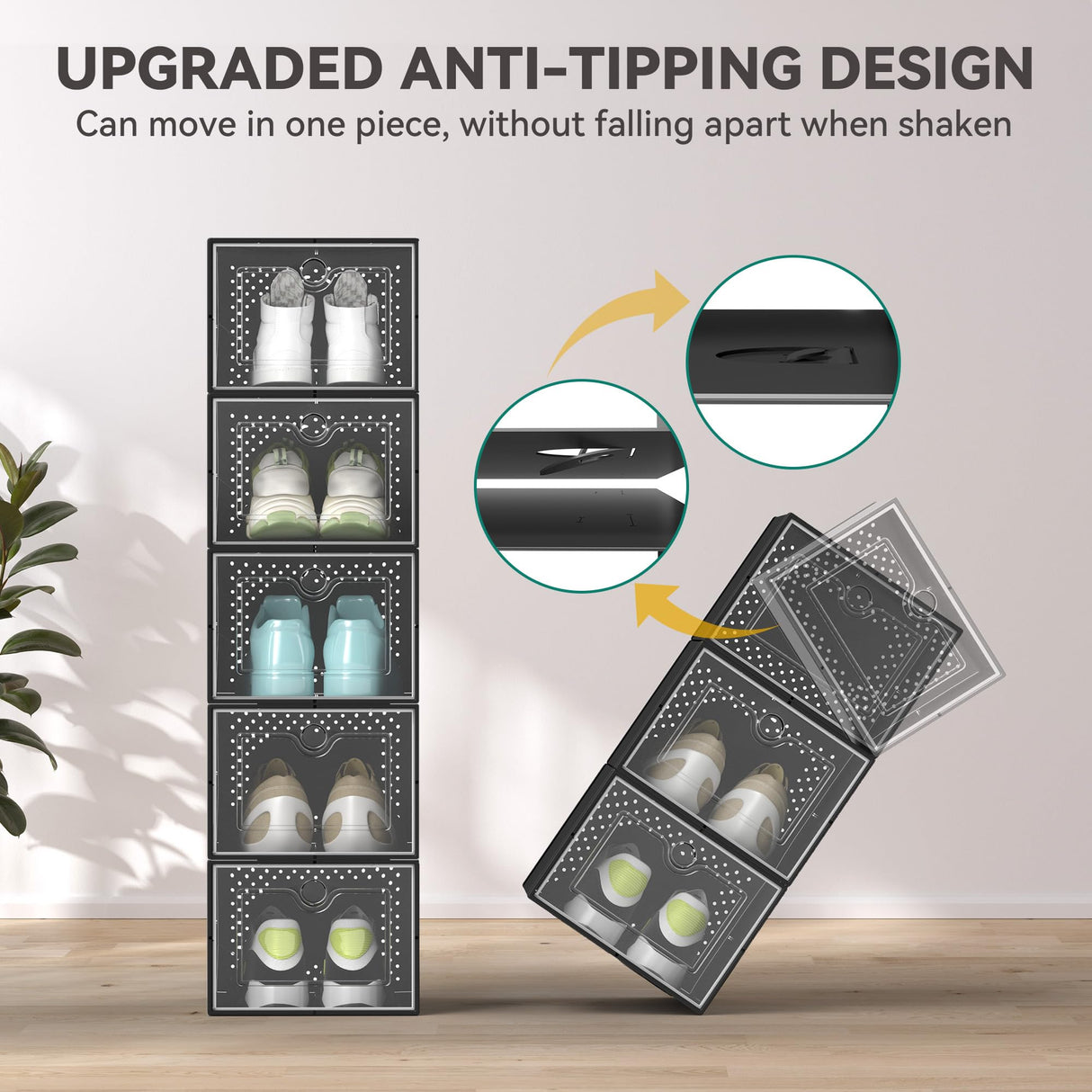 DWVO Large 18 Pack Shoe Storage Boxes, Plastic Stackable Shoe Storage Organizer for Closet, Fit up to US Size 13, Foldable Shoe Rack Clear Sneaker Containers (Black, Large) DWVO