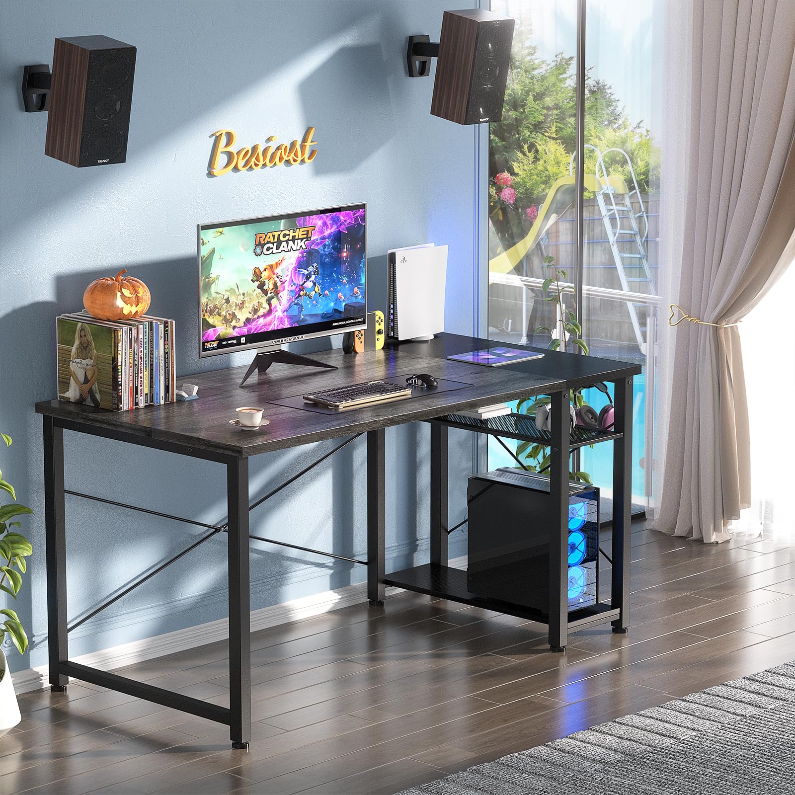 Besiost 47.2'' Gaming Desk, 47 Inches Computer Desk with Storage, Small Desk for Small Space, Simple Study Student Writing Desk, Laptop Table for Home Office, Grey and Black - WoodArtSupply