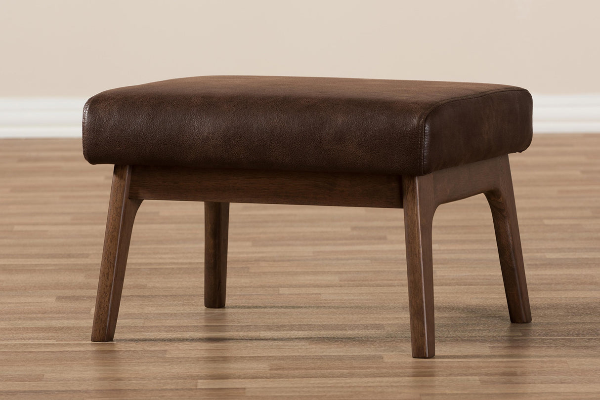 Baxton Studio Birk Mid-Century Modern Walnut Wood Dark Brown Distressed Faux Leather Ottoman Baxton Studio