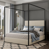 King Size Metal Canopy Bed with Tall Upholstered Channel Headboard and Gold 4 Poster, No Box Spring Needed (Cream+ Black, King) BEDGJH