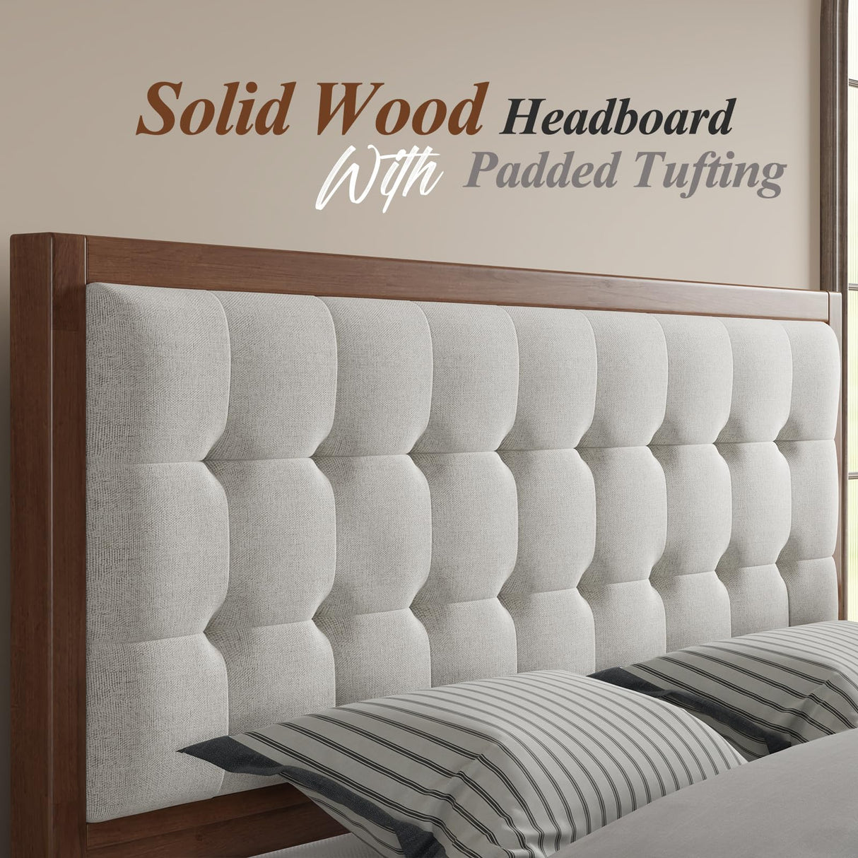 Jocisland Full Size Upholstered Wood Platform Bed Frame with Tufted Headboard in Walnut Jocisland
