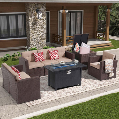 Super Patio 8 Pieces Outdoor Patio Furniture Set with 45” Fire Pit Table, Rattan Patio Conversation Sets with 50000 BTU Gas Fire Pit, Wicker Sectional Sofa Set with Storage Box, Brown(Without Table) Super Patio