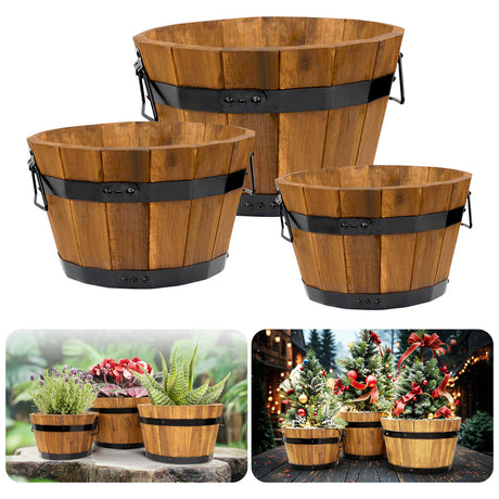 Idzo Set of 3 Wooden Flower Boxes Outdoor, Durable Acacia Wood Barrel Planters for Outdoor Plants with Ergonomic Handles, Drainage Holes, Multiple Sizes Wood Bucket Planter Light Brown IDZO