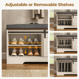 UPOSOJA Farmhouse Storage Bench with Cushion, Shoe Rack with Slide Barn Doors, Adjustable Shelf and 2 Drawer for Entry, Bedroom, Closet, Living Room, Hallway (White Brown, 59.8 in) UPOSOJA