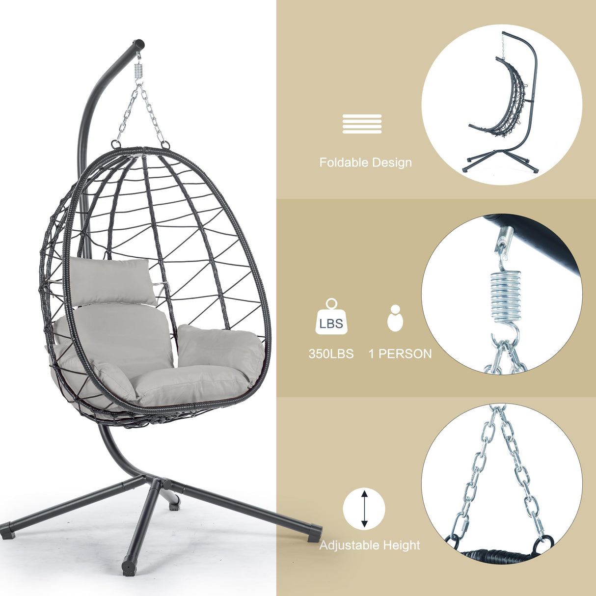 Ziraukon Hanging Egg Chair with Stand Indoor Outdoor, Patio Hammock Egg Swing Chair with Cushion 350 lbs for Patio, Porch, Backyard, Balcony, Poolside, Garden, Black Ziraukon