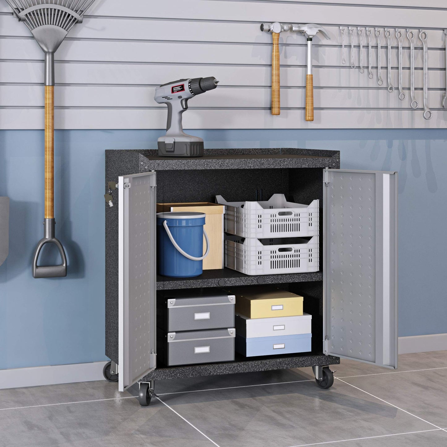 Manhattan Comfort Fortress Rolling 2 Door Garage Storage Cabinet, Black/Gray - WoodArtSupply