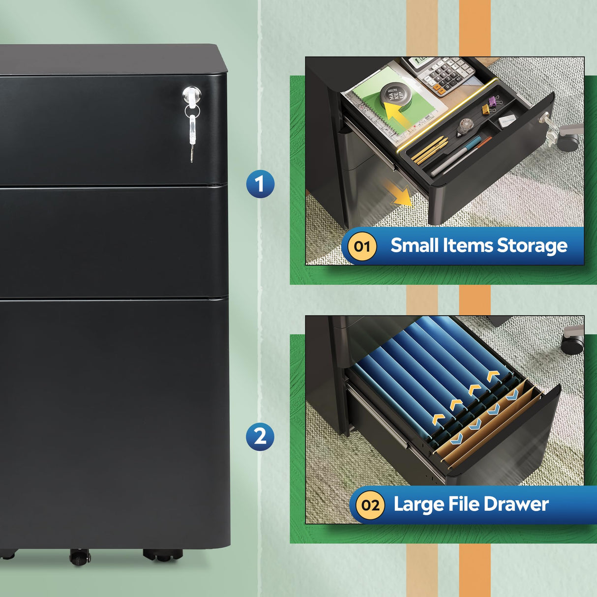 DEVAISE 3-Drawer Slim File Cabinet, Vertical Filing Cabinet, Fully Assembled Except Casters, Black DEVAISE