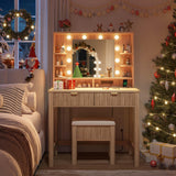 Homkdom Vanity Desk with HD Mirror and 3-Color Adjustable Lights, Fluted Makeup Vanity with Storage Stool, 2 Large Drawers & Charging Station, Small Vanity for Women's Bedroom, Dressing Room, Oak Homkdom