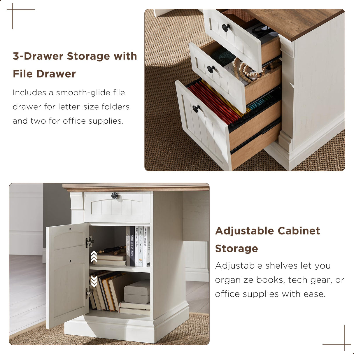 OKD 60" L Shaped Executive Desk with Drawers, Farmhouse Home Office Desk with Charging Station, File Cabinet Storage, Wood Corner Computer Desk for Work and Study, Antique White OKD