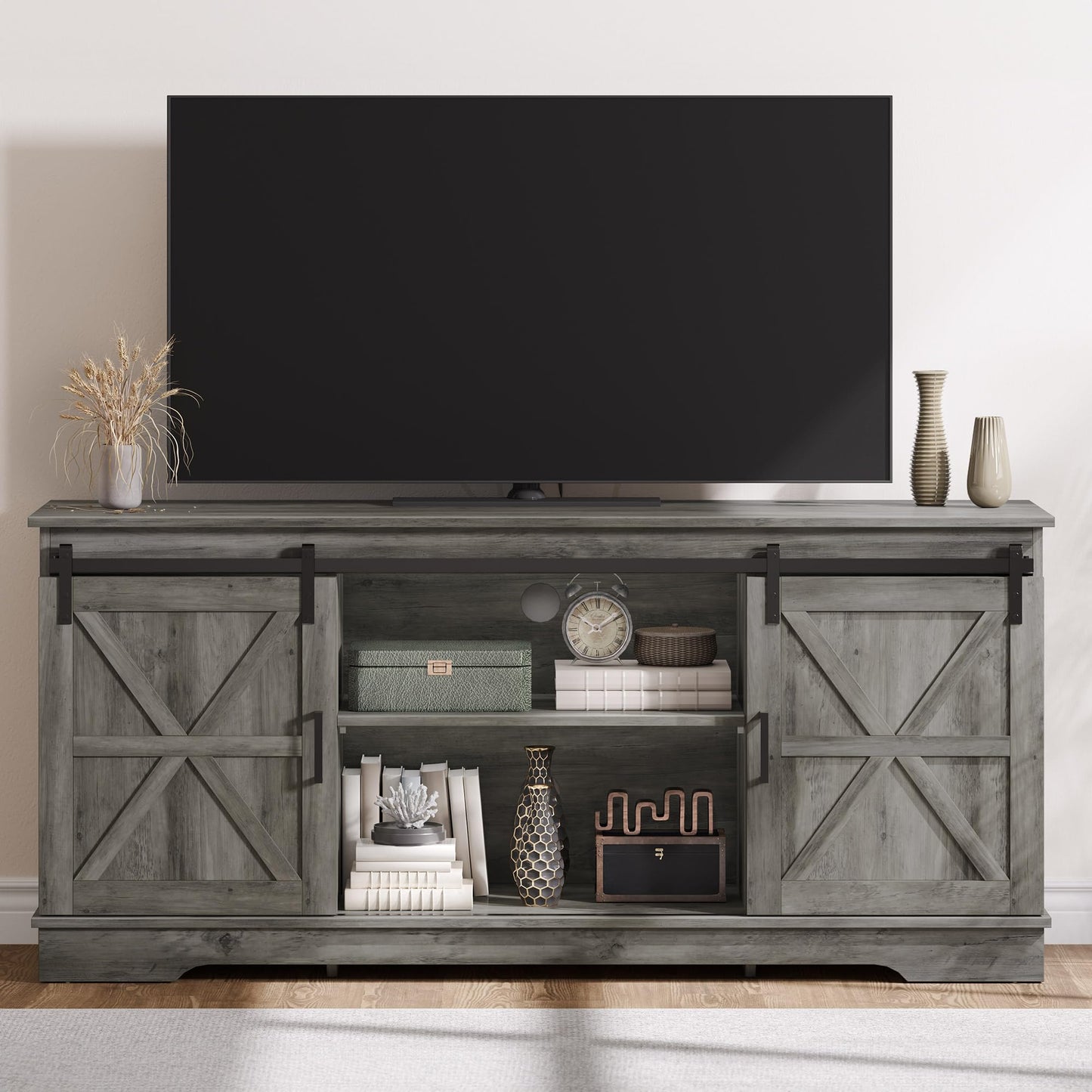 DWVO TV Stand for 65 Inch TV, Farmhouse Entertainment Center Media Console with Storage Cabinet and Sliding Barn Doors, Rustic TV Console Table for Living Room, 59'' Rustic Grey