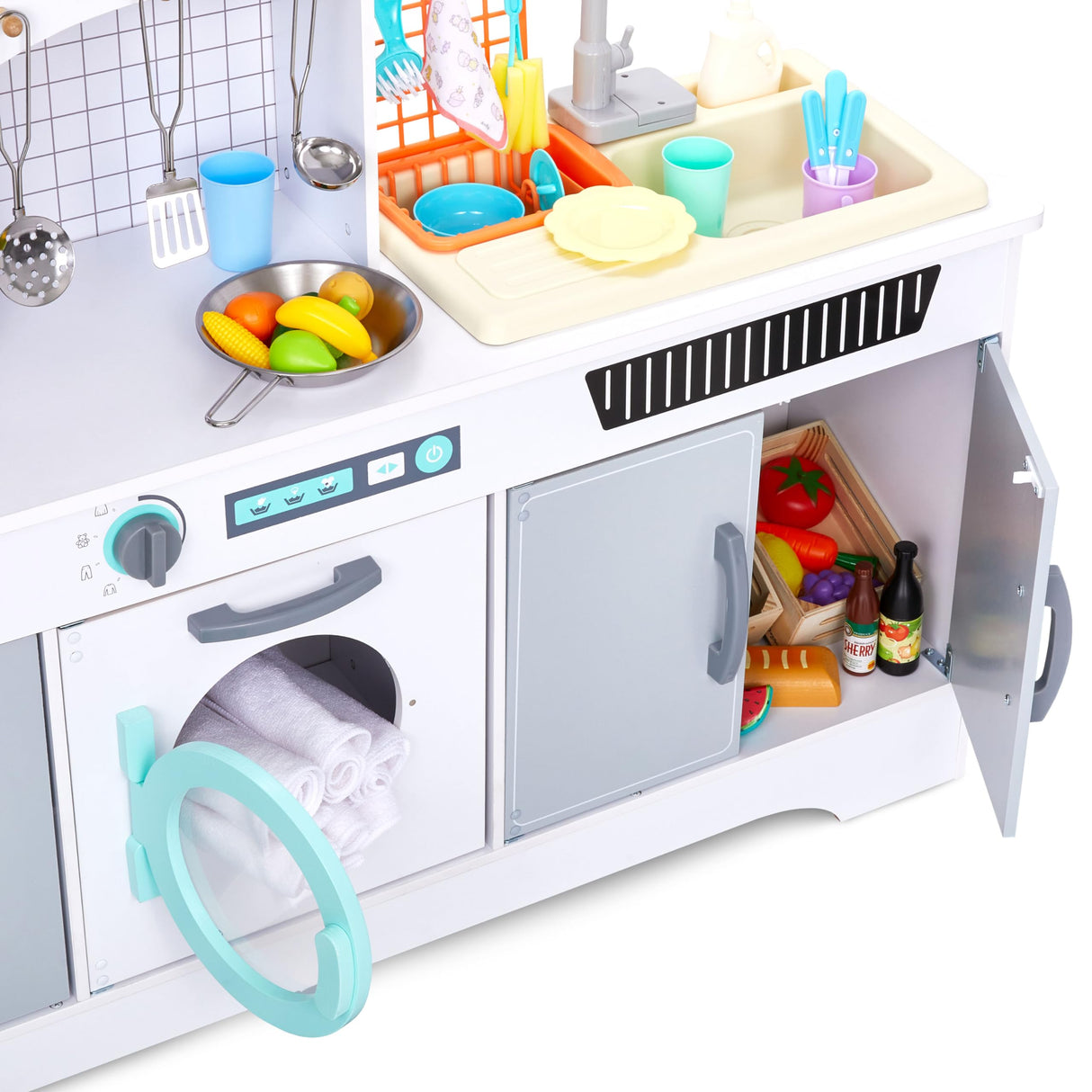 Lil’ Jumbl Kids Wooden Kitchen Set, Pretend Working Sink with Real Running Water, Includes Range Hood, Microwave & Stove Top That Make Realistic Sound & Light, Full Accessory Set Included Lil' Jumbl